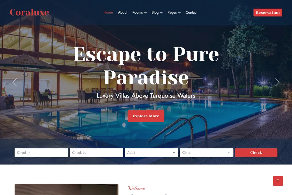 Tampilan website Coraluxe