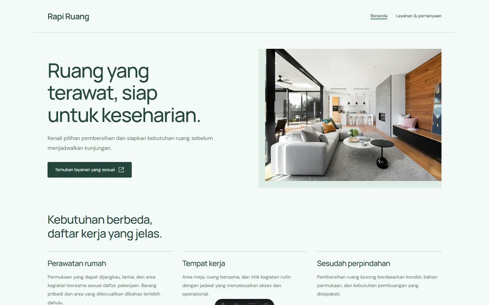 Tampilan website Rapi Ruang